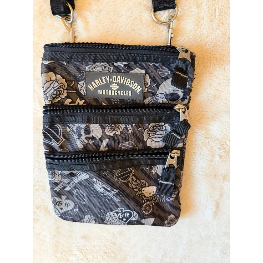 Harley Davidson Motorcycle Gray Tattoo Cross Body Bag Skull Hearts Roses EUC